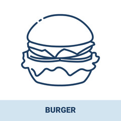 Tasty hamburger outline monochrome icon with title. Collection of signs in different food categories. Symbols for restaurant decoration. Vector monochrome illustrations isolated on white background.