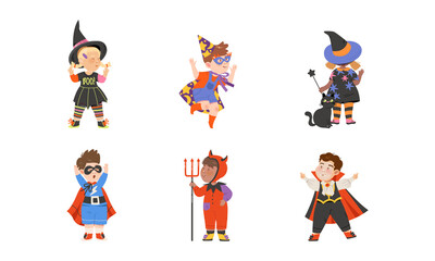 Funny Boy and Girl Dressed in Halloween Costume Vector Set