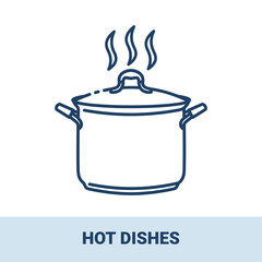 А saucepan with steam outline monochrome icon with title. Collection of signs in different food categories. Symbols for restaurant decoration. Vector illustrations isolated on white background.