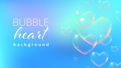 Delicate background with rainbow colored heart-shaped soap bubbles for Valentine card. Vector illustration