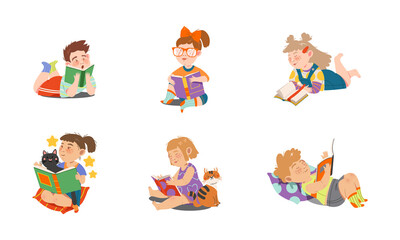Interested Kids Sitting and Lying with Open Book and Reading Vector Set