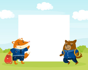 Obraz na płótnie Canvas Blank Square Space with Funny Animals in Blue School Uniform with School Back Vector Template