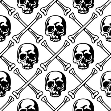Skull and crossed bones pattern. Black vector isolated seamless pattern on white background. Perfect for clothing, packaging, covers and other design projects.