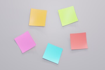 Colorful notepaper sticker pinned on white board or wall. 3d illustration