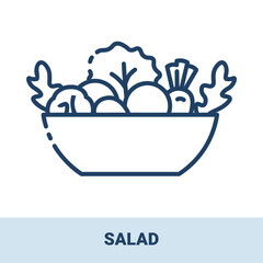 Salad as a symbol of healthy eating outline monochrome icon with title.  Collection of signs in different food categories. Symbols for cafe decoration. Vector illustration isolated on white background