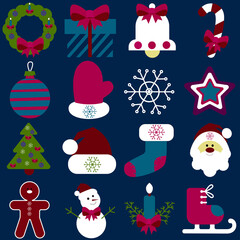 A collection of retro textiles. Elements of the new year on a blue background. Vector illustration-a set of Christmas icons