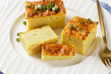potato kugel, casserole of grated potato, top view
