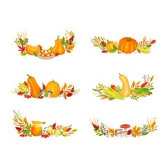 Autumn Foliage with Pumpkin and Colorful Leaves and Mushroom Vector Composition Set