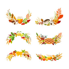 Fototapeta na wymiar Autumn Foliage with Pumpkin and Colorful Leaves and Mushroom Vector Composition Set