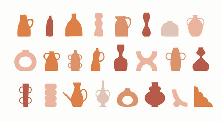 Collection of trendy vases. Minimalist antique ceramic pottery for interior. Set of earthy jags and flower pots in minimalistic pastel terracotta colors. Vector boho scandinavian style illustration.