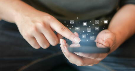 close up on man hand using tab pad on laptop to working about futuristic of social media marketing...