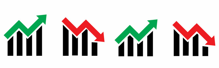 Growing bar graph icon set. Simple chart increase. Progress bar symbol. Green and red arrow.