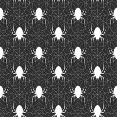 Seamless pattern with webs and spiders. Dark background in the Halloween theme. A terrifying vector illustration for printing on wrapping paper, booklets and flyers