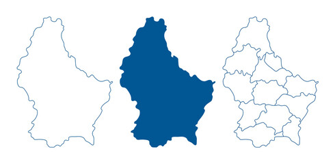 Luxembourg map vector. High detailed vector outline, blue silhouette and administrative divisions map of Luxembourg. All isolated on white background. Template for website, design