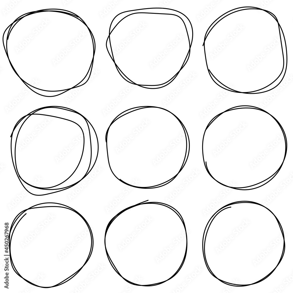 Poster set of sketches of the circle lines the ring for drawing manually. Art design Round circular doodle doodle