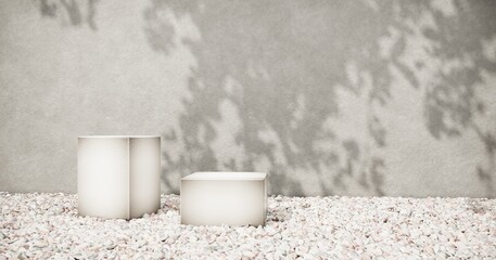 Exhibition Podium, stand, on pastel light аrchitectural background for premium product  -3D render. Unobtrusive botanical background with shadow on the wall - trend frame, cover, card, postcard. 