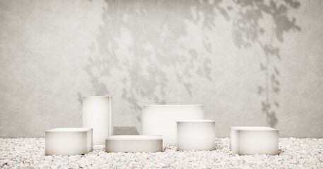 Exhibition Podium, stand, on pastel light аrchitectural background for premium product  -3D render. Unobtrusive botanical background with shadow on the wall - trend frame, cover, card, postcard. 