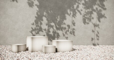 Exhibition Podium, stand, on pastel light аrchitectural background for premium product  -3D render. Unobtrusive botanical background with shadow on the wall - trend frame, cover, card, postcard. 