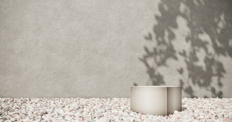 Exhibition Podium, stand, on pastel light аrchitectural background for premium product  -3D render. Unobtrusive botanical background with shadow on the wall - trend frame, cover, card, postcard. 