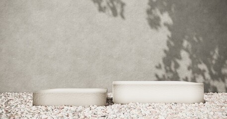 Exhibition Podium, stand, on pastel light аrchitectural background for premium product  -3D render. Unobtrusive botanical background with shadow on the wall - trend frame, cover, card, postcard. 