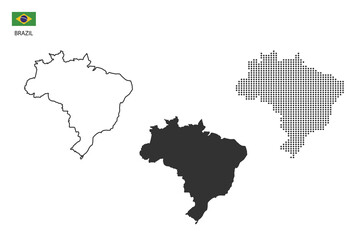 3 versions of Brazil map city vector by thin black outline simplicity style, Black dot style and Dark shadow style. All in the white background.