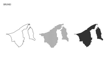 3 versions of Brunei map city vector by thin black outline simplicity style, Black dot style and Dark shadow style. All in the white background.