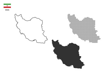 3 versions of Iran map city vector by thin black outline simplicity style, Black dot style and Dark shadow style. All in the white background.