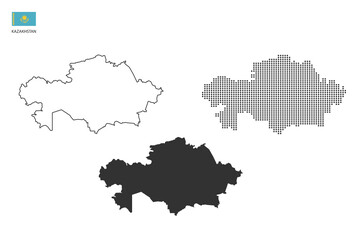 3 versions of Kazakhstan map city vector by thin black outline simplicity style, Black dot style and Dark shadow style. All in the white background.