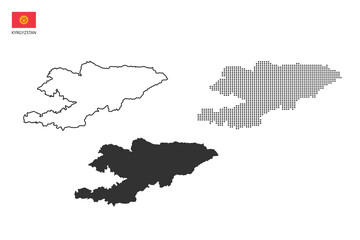 3 versions of Kyrgyzstan map city vector by thin black outline simplicity style, Black dot style and Dark shadow style. All in the white background.