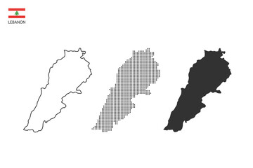 Obraz premium 3 versions of Lebanon map city vector by thin black outline simplicity style, Black dot style and Dark shadow style. All in the white background.