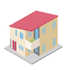 一戸建て住宅マイホームのイラスト二階建て　アイソメトリックス立体イラスト
