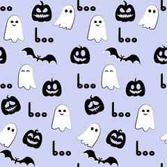 Seamless halloween pattern. Ghosts and clouds. Vector illustration