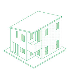 一戸建て住宅マイホームのイラスト線画ラインアート二階建て　アイソメトリックス立体イラスト