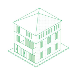 一戸建て住宅マイホームのイラスト線画ラインアート三階建て　アイソメトリックス立体イラスト