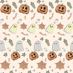 Halloween seamless pattern. Holiday accessories on pastel background. Vector illustration