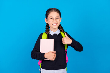 Photo of young school girl happy positive smile show thumb-up like fine hold notebook lesson isolated over blue color background