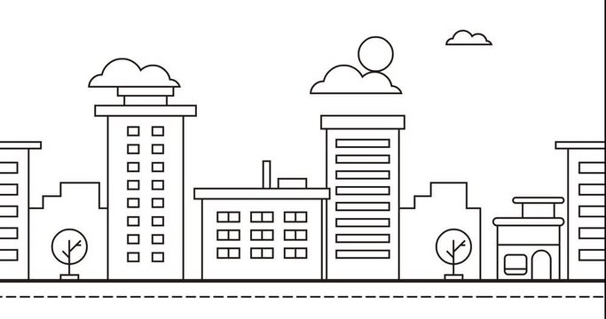 modern buildings in the form of animated cartoons with shining sun and moving clouds