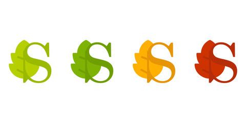 Otoño. Caída de la hoja. Logotipo letra inicial S con forma de hoja de árbol en color verde, naranja y rojo - obrazy, fototapety, plakaty