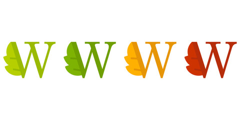 Otoño. Caída de la hoja. Logotipo letra inicial W con forma de hoja de árbol en color verde, naranja y rojo - obrazy, fototapety, plakaty