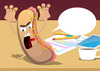 Hot Dog is trying to scare you. American fast food as a cartoon character with face.