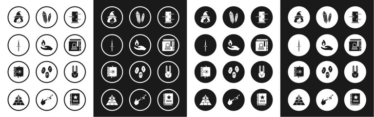 Set Trunk for magic tricks, Hand holding fire, Dagger, Witch, Ancient book, Magic stone, Rabbit with ears and icon. Vector