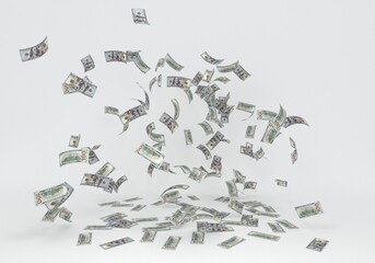 
Many dollar bills floating and flying on white background. It symbolizes abundance of money, wealth. Also as a concept of inheritance, winning the lottery or suggesting savings, discounts and debts.