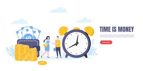 Naklejka premium Time is money or saving money business concept. Tiny people shaking hands between money and clock symbols. Time management flat style vector illustration isolated on white background.