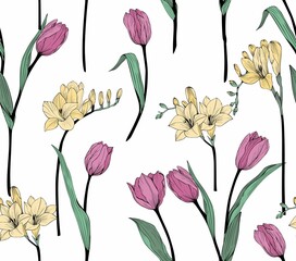 Tulips and freesia. Seamless vector botanical pattern.