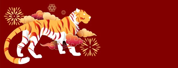 Chinese New 2022 Year of Tiger. Golden tiger with red stripes. Zodiac symbol of oriental lunar new year with copy space. Sign of coming year - big royal Tiger. Web template. Vector stock illustration.