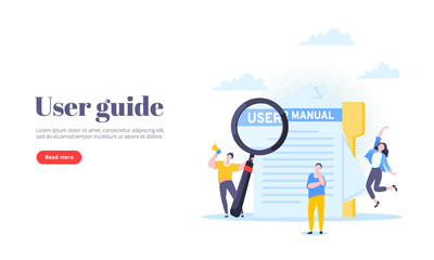 User manual guide book flat style design vector illustration. Tiny people, magnifying glass working together with guide book. Specifications user guidance document.