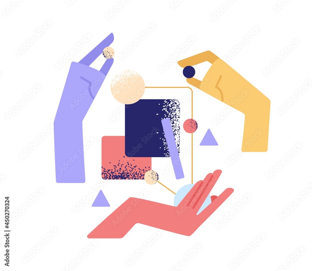 Aufkleber Teamwork, partnership and interaction concept. Hands interacting and building business system. Team creating smth. from abstract shapes together. Flat vector illustration isolated on white background