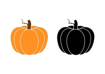 Vector illustration of two pumpkins or cucurbitas isolated on white background. Orange and black silhouette pumpkin vegetable for farm market, fall banners, Thanksgiving, Halloween. Autumn Cucurbita