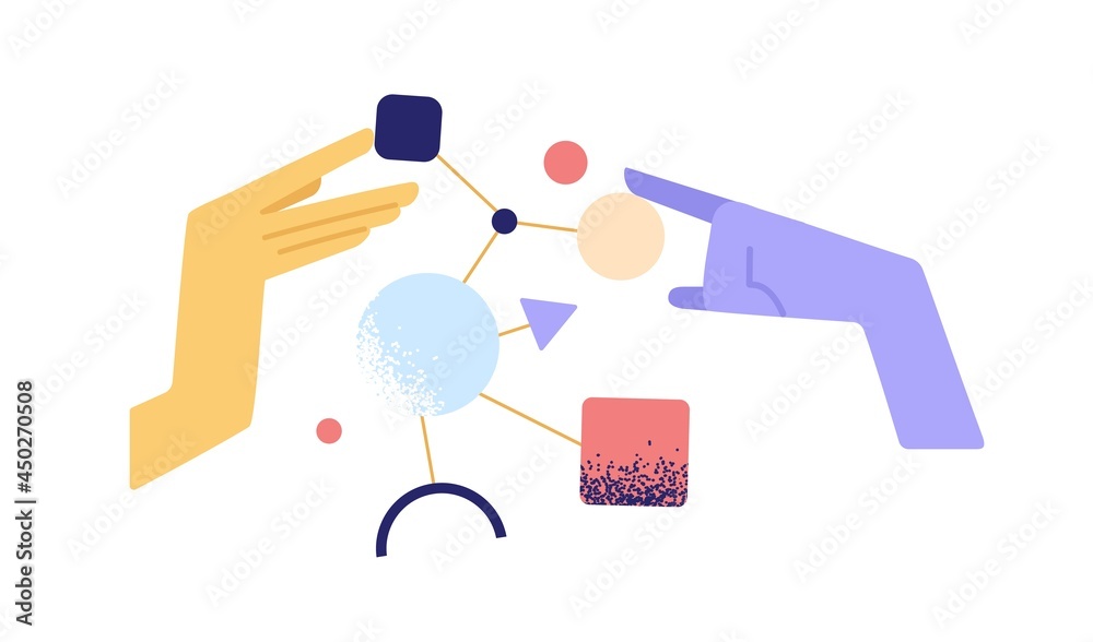 Poster Human hands analyzing structure and building systems and schemes out of abstract figures. Business analytics, research and data analysis concept. Flat vector illustration isolated on white background