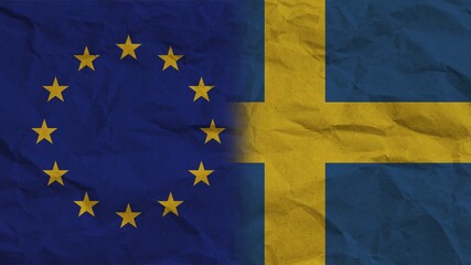 Sweden and European Union Flags Together, Crumpled Paper Effect Background 3D Illustration